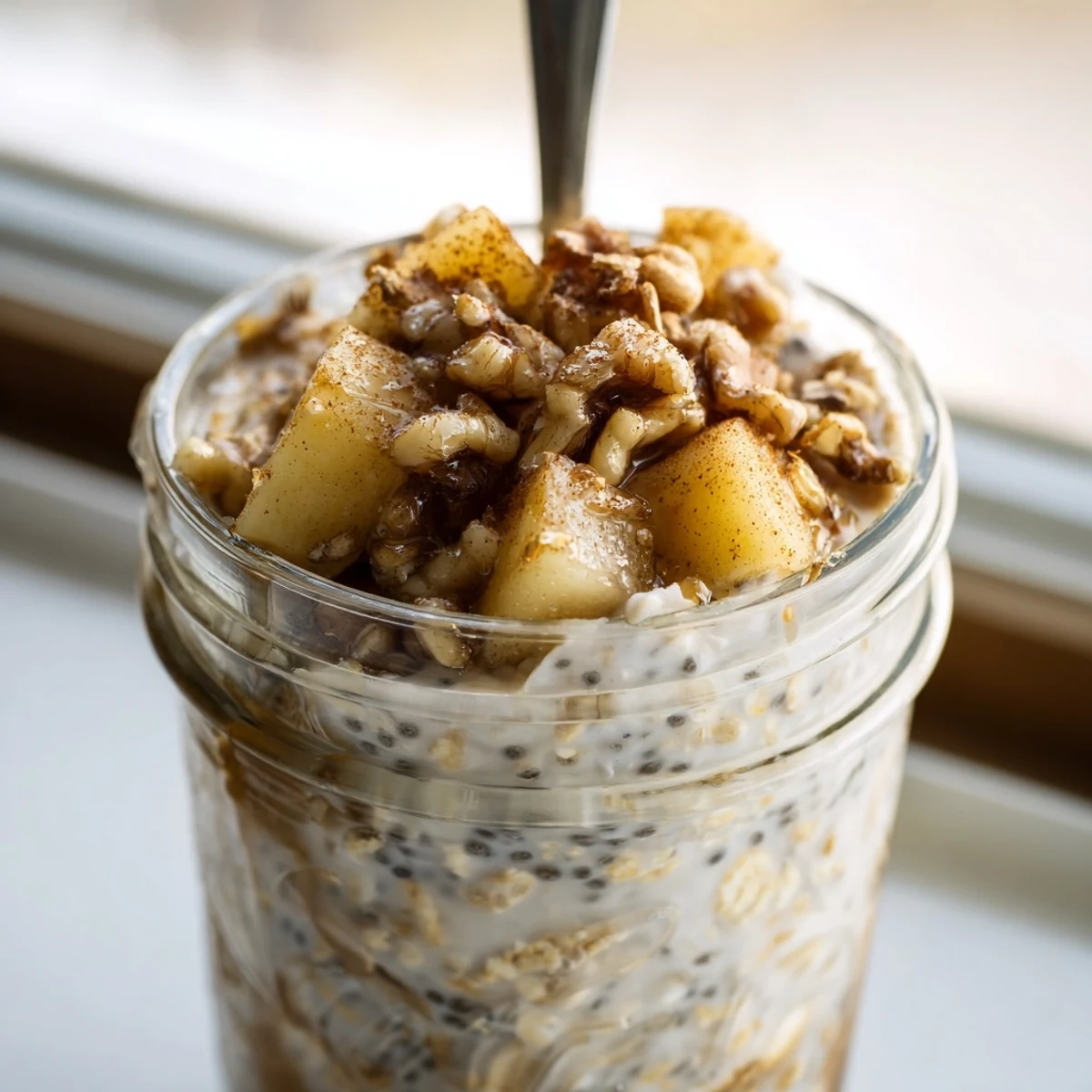 Creamy apple crumble overnight oats layered in a jar with cinnamon apples