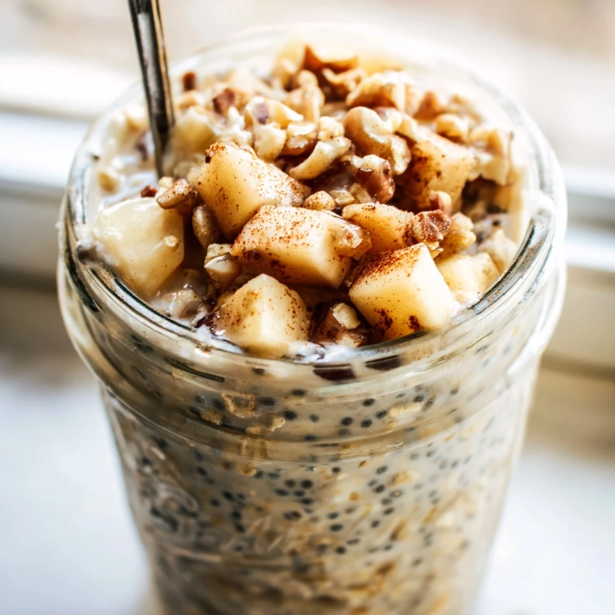 Apple crumble overnight oats topped with crunchy walnut streusel in a mason jar