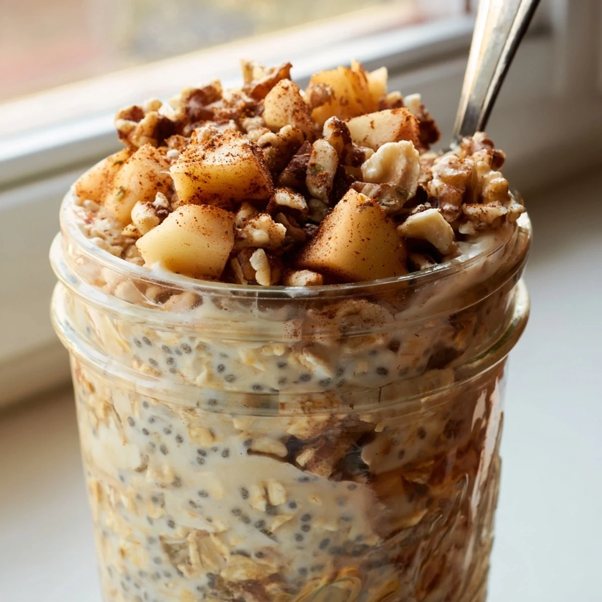 Warm spiced apple crumble overnight oats served with a spoon for breakfast