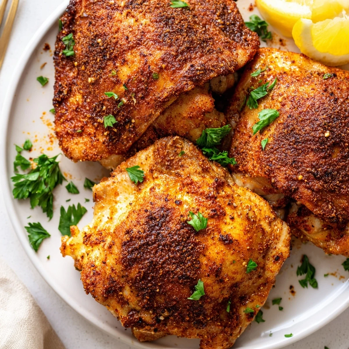 Crispy golden Old Bay chicken thighs roasted on a sheet pan with herb garnish