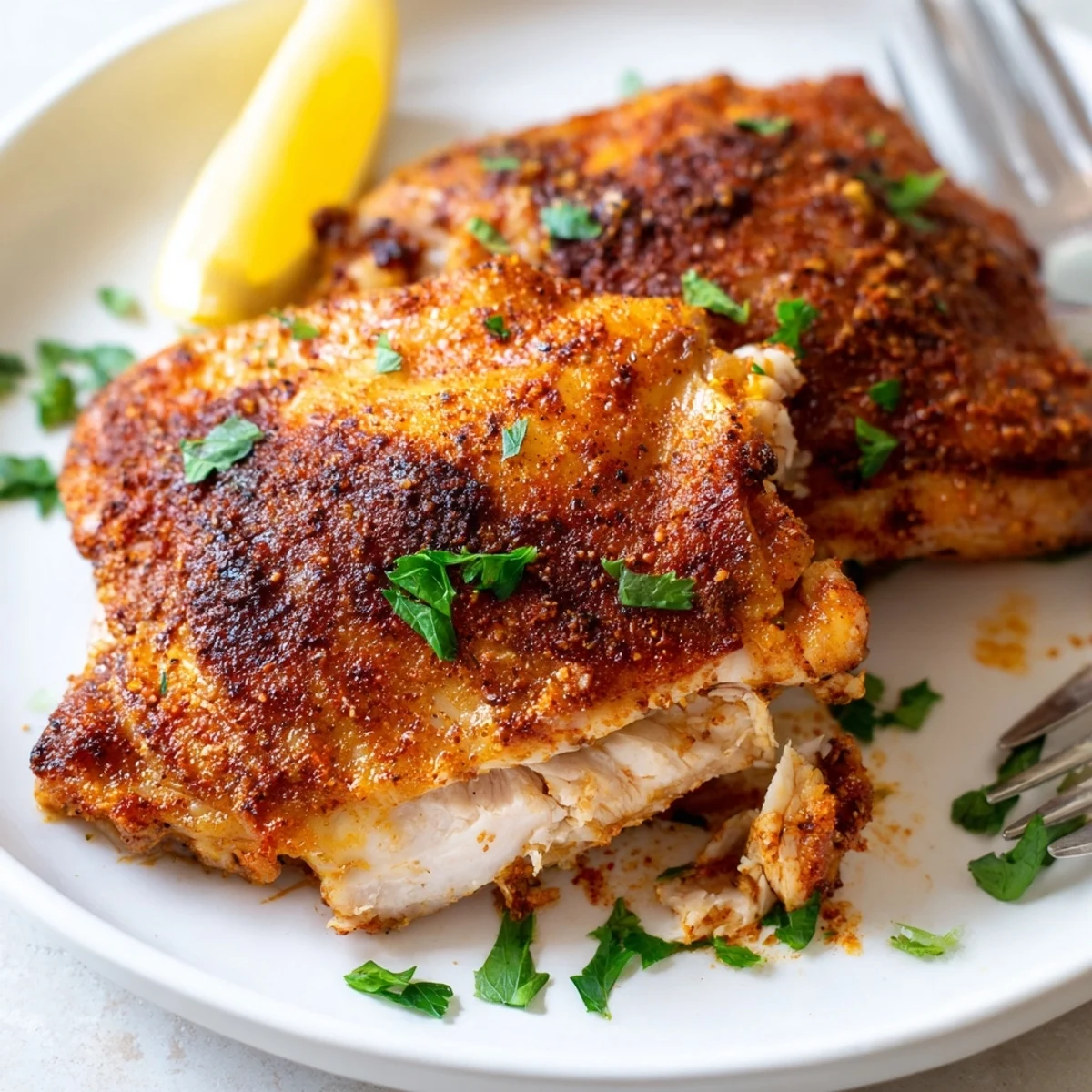 Sizzling Old Bay chicken thighs fresh from the oven on a parchment-lined baking sheet