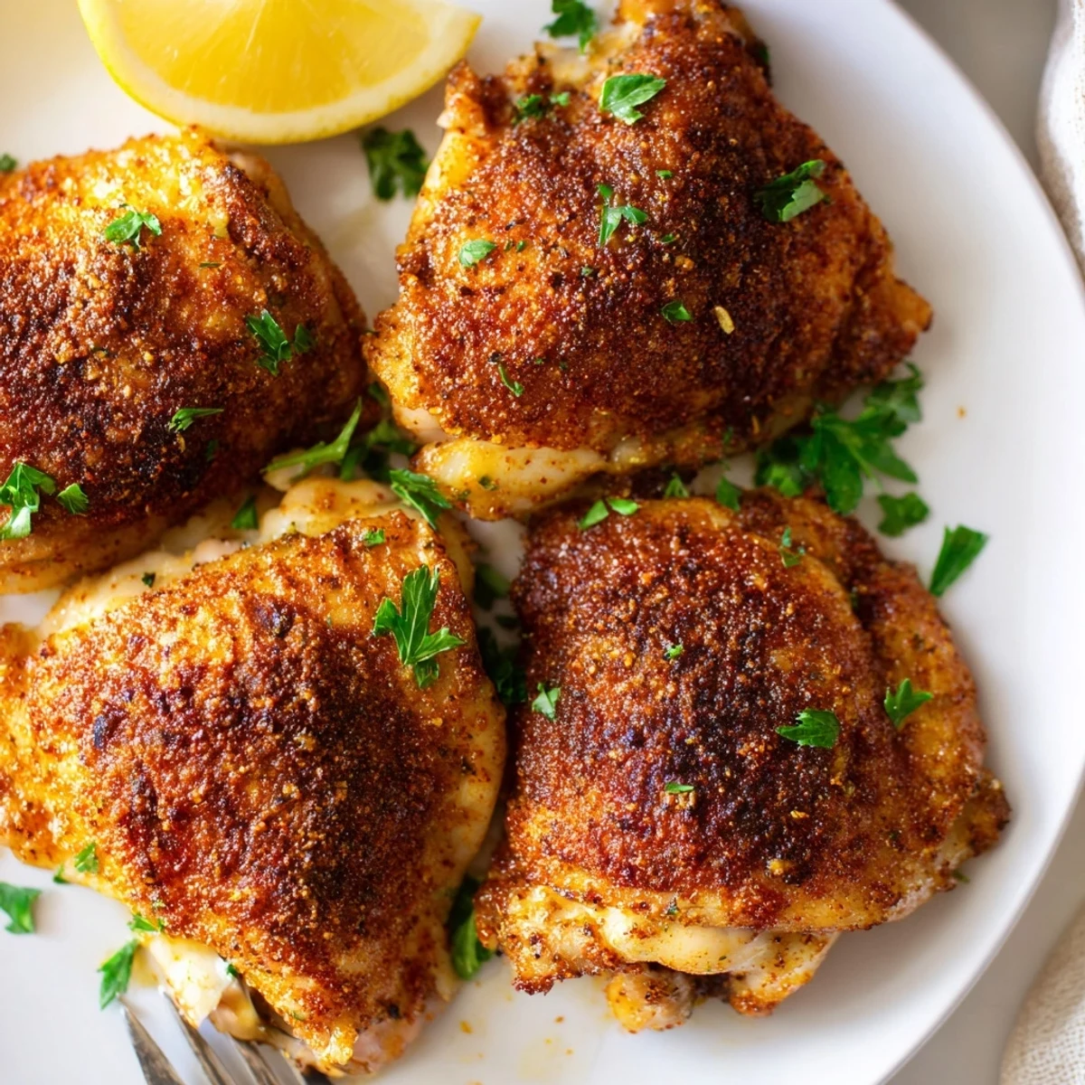 Juicy Old Bay chicken thighs with spice-crusted skin served alongside fresh lemon wedges
