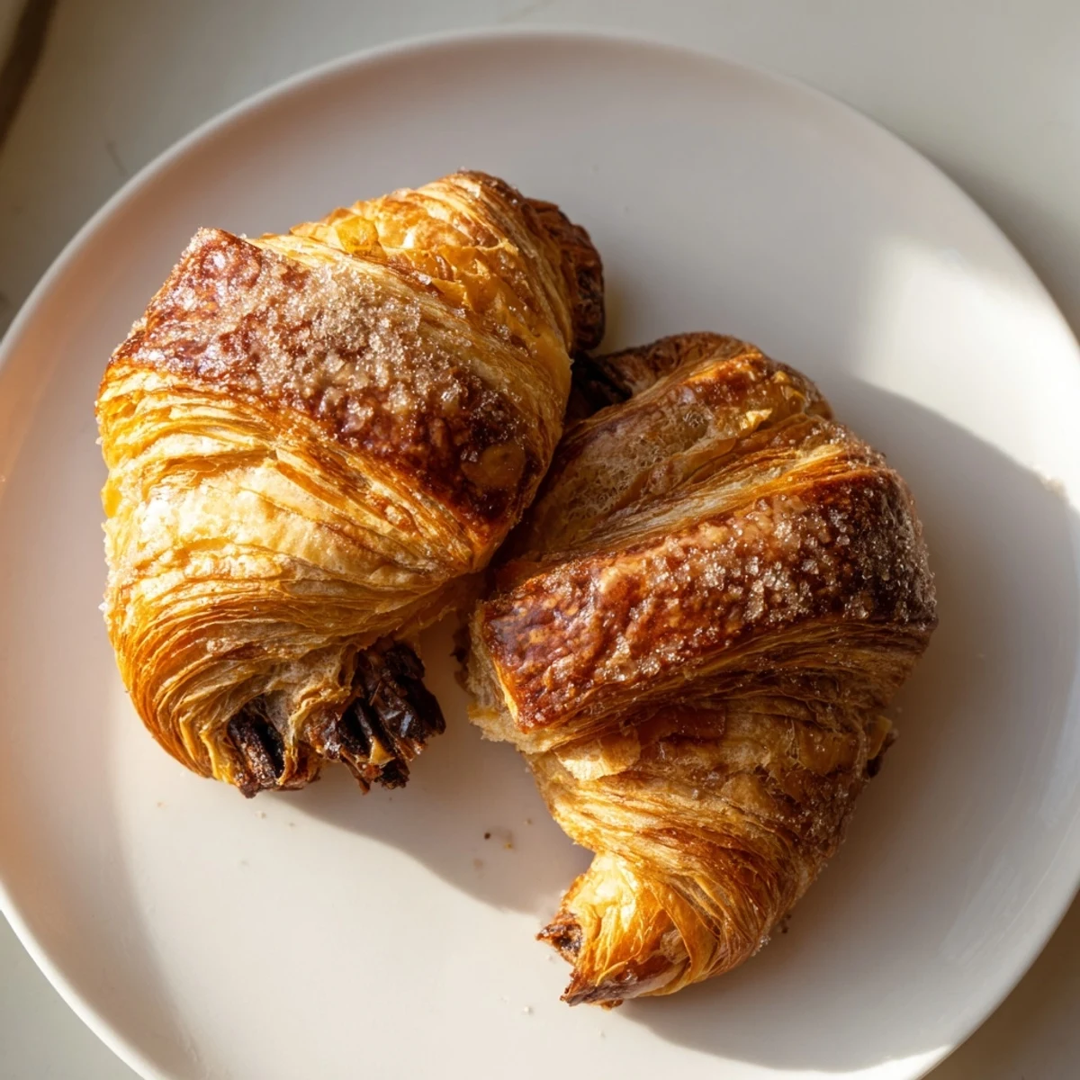 Golden chocolate croissant cookies with melting centers on a rustic baking sheet