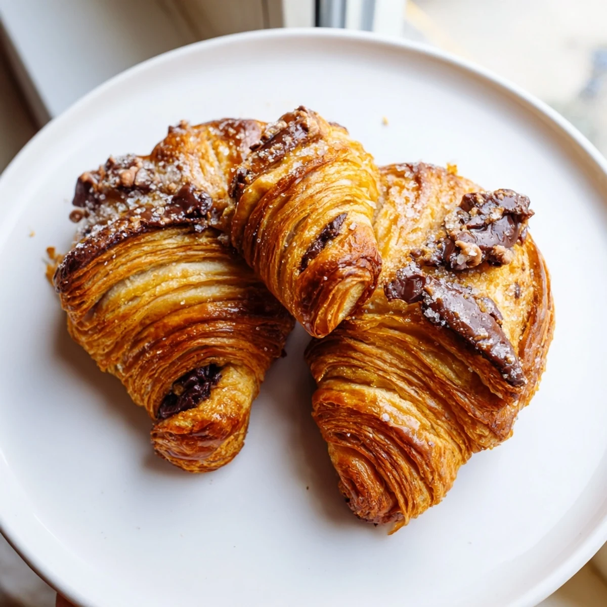 Flaky chocolate croissant cookies dusted with sparkling sugar fresh from the oven