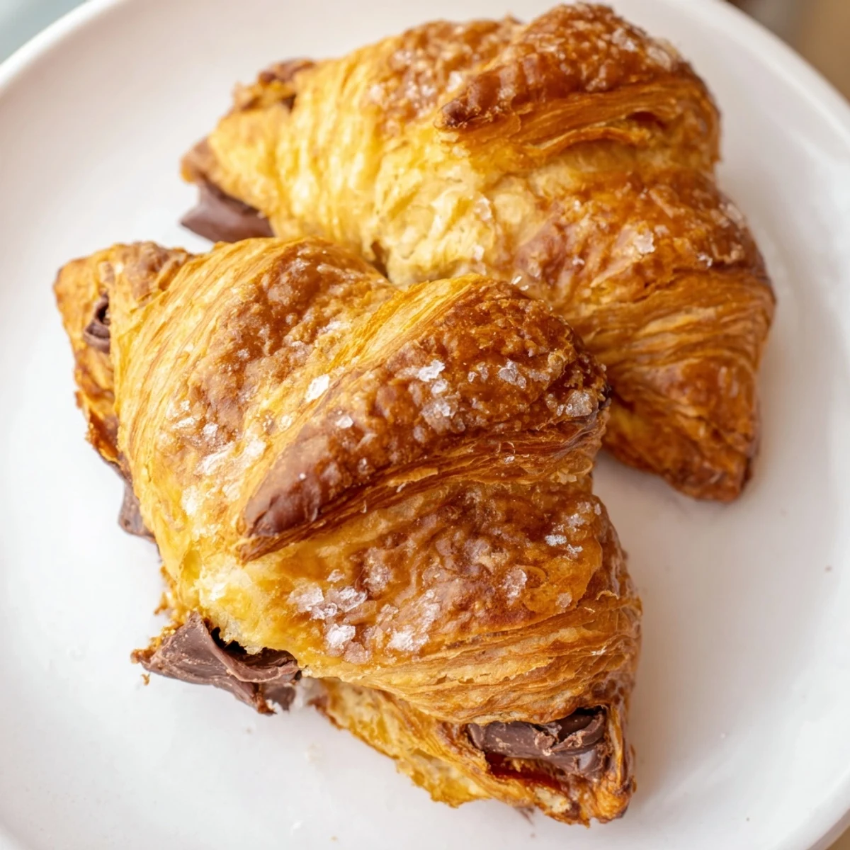 Buttery chocolate croissant cookies arranged on parchment revealing rich melty chocolate filling