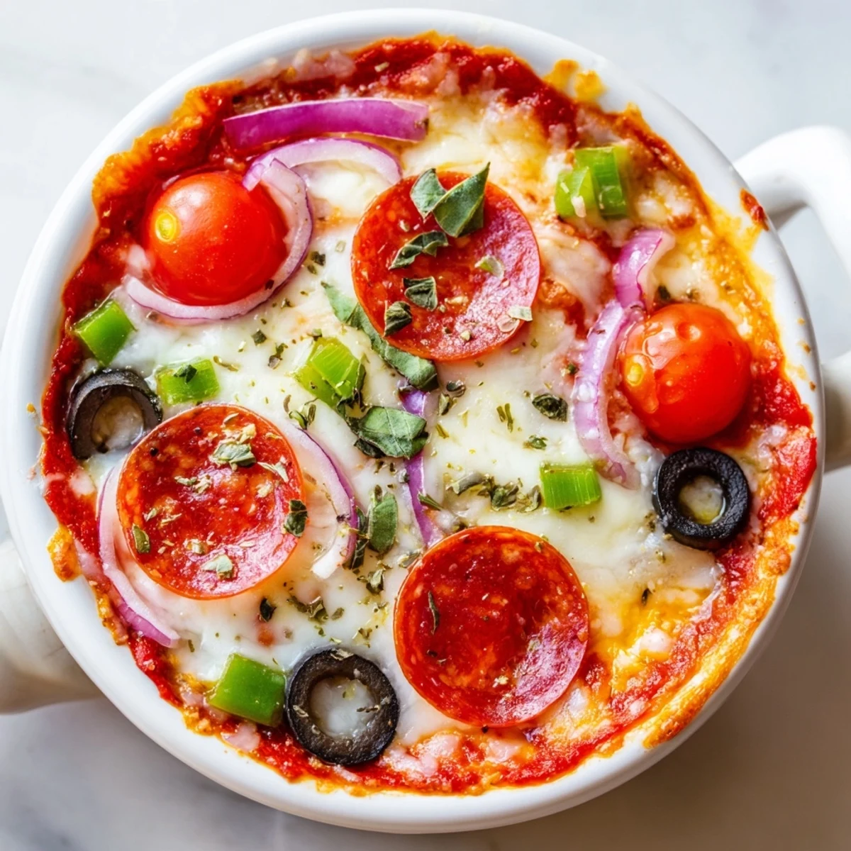 Cottage cheese pizza bowl loaded with colorful bell peppers, olives, and melted Parmesan