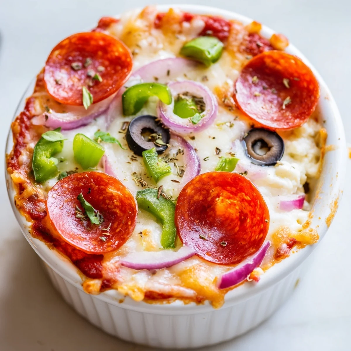 Baked cottage cheese pizza bowl with bubbling mozzarella, pepperoni, and fresh basil garnish