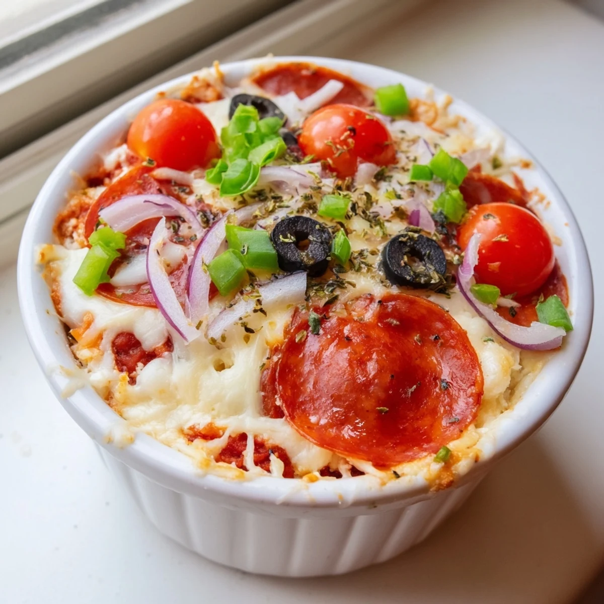 Steaming cottage cheese pizza bowl featuring rich marinara, cherry tomatoes, and golden melted cheese