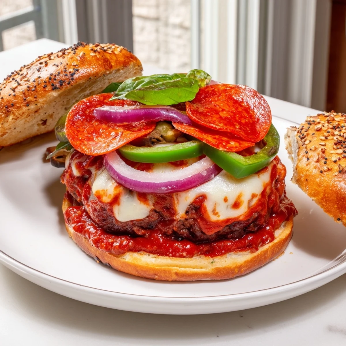 Melted mozzarella tops these pizza burgers with pepperoni and bubbling pizza sauce.