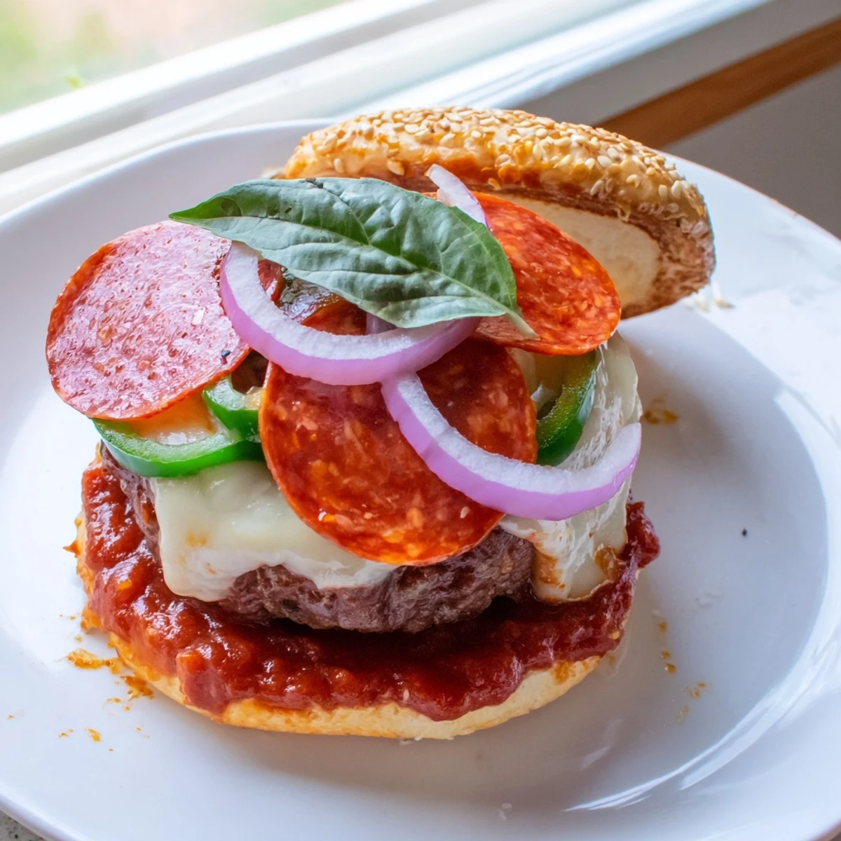 Juicy pizza burgers served on toasted buns with colorful bell peppers and onion.