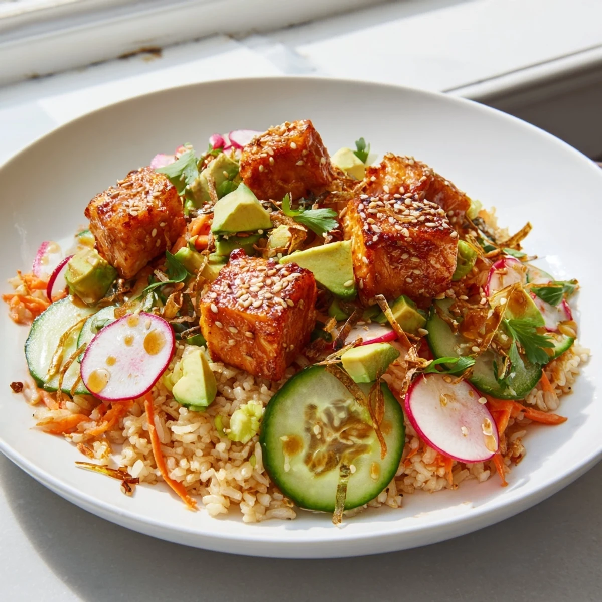 Golden pan-seared salmon bites resting on seasoned rice with fresh crunch