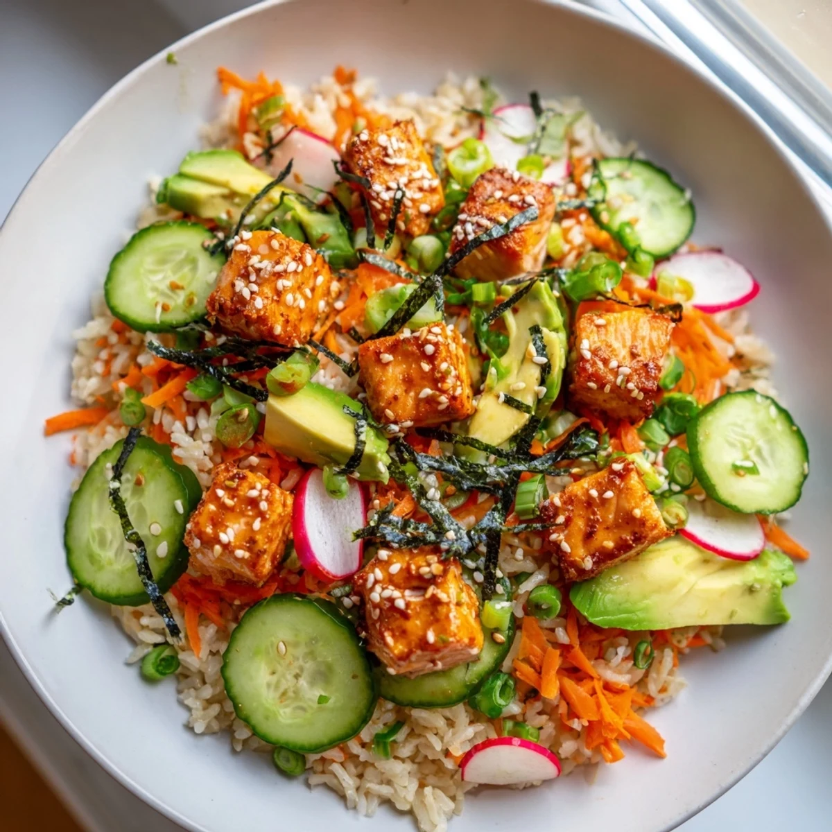 Crispy salmon rice salad topped with colorful vegetables and ginger dressing