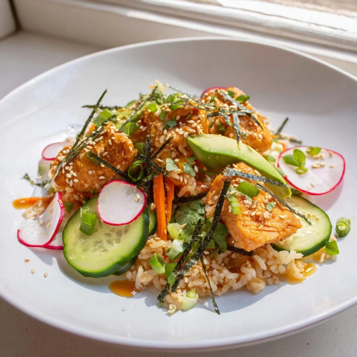 Crispy salmon rice salad drizzled with ginger dressing and sprinkled sesame seeds