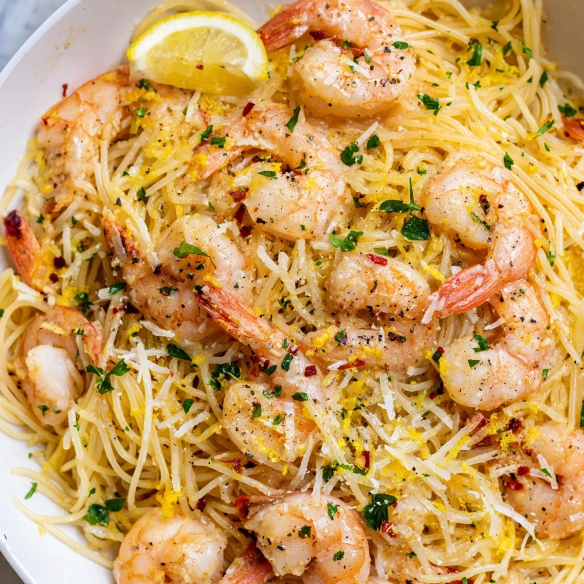 Golden garlic butter shrimp angel hair pasta tossed with fresh parsley and lemon wedges