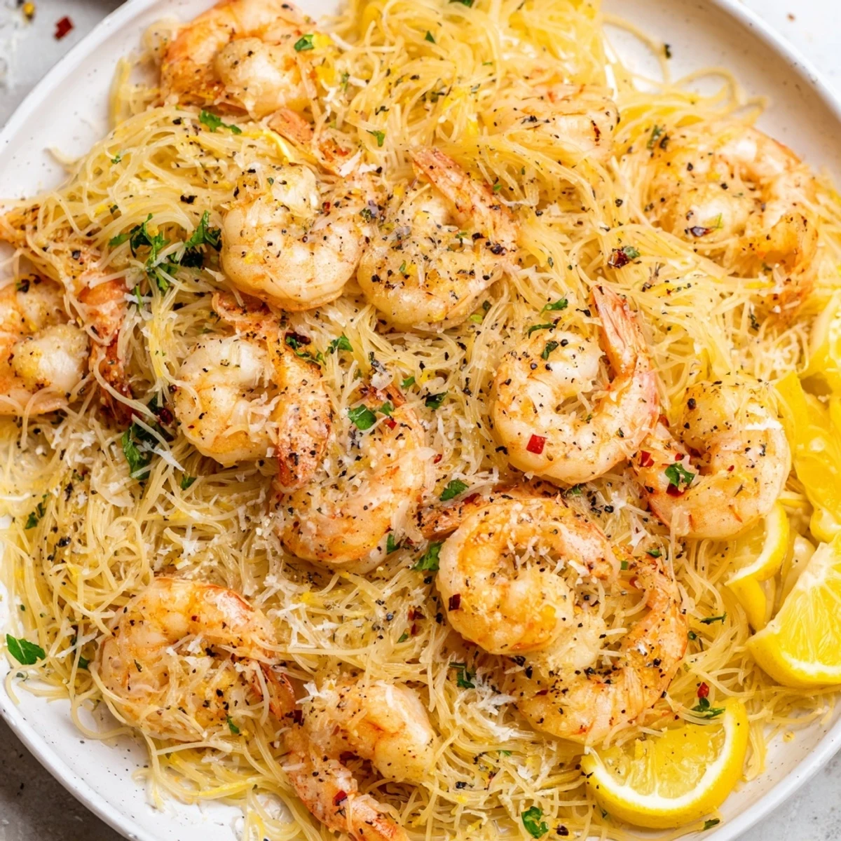Sizzling garlic butter shrimp angel hair pasta topped with grated Parmesan in a skillet