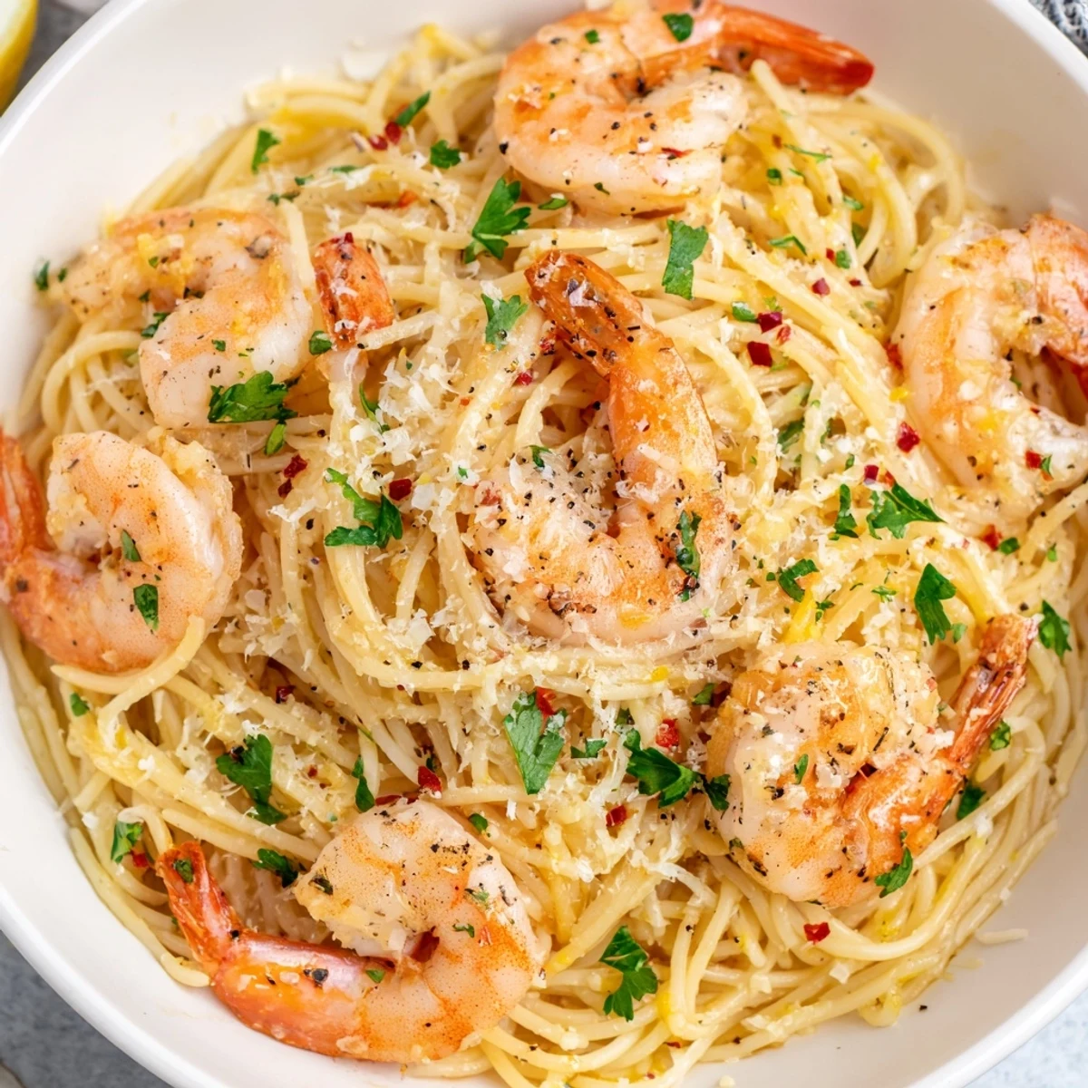 Creamy garlic butter shrimp angel hair pasta plated on a white dish with garnish