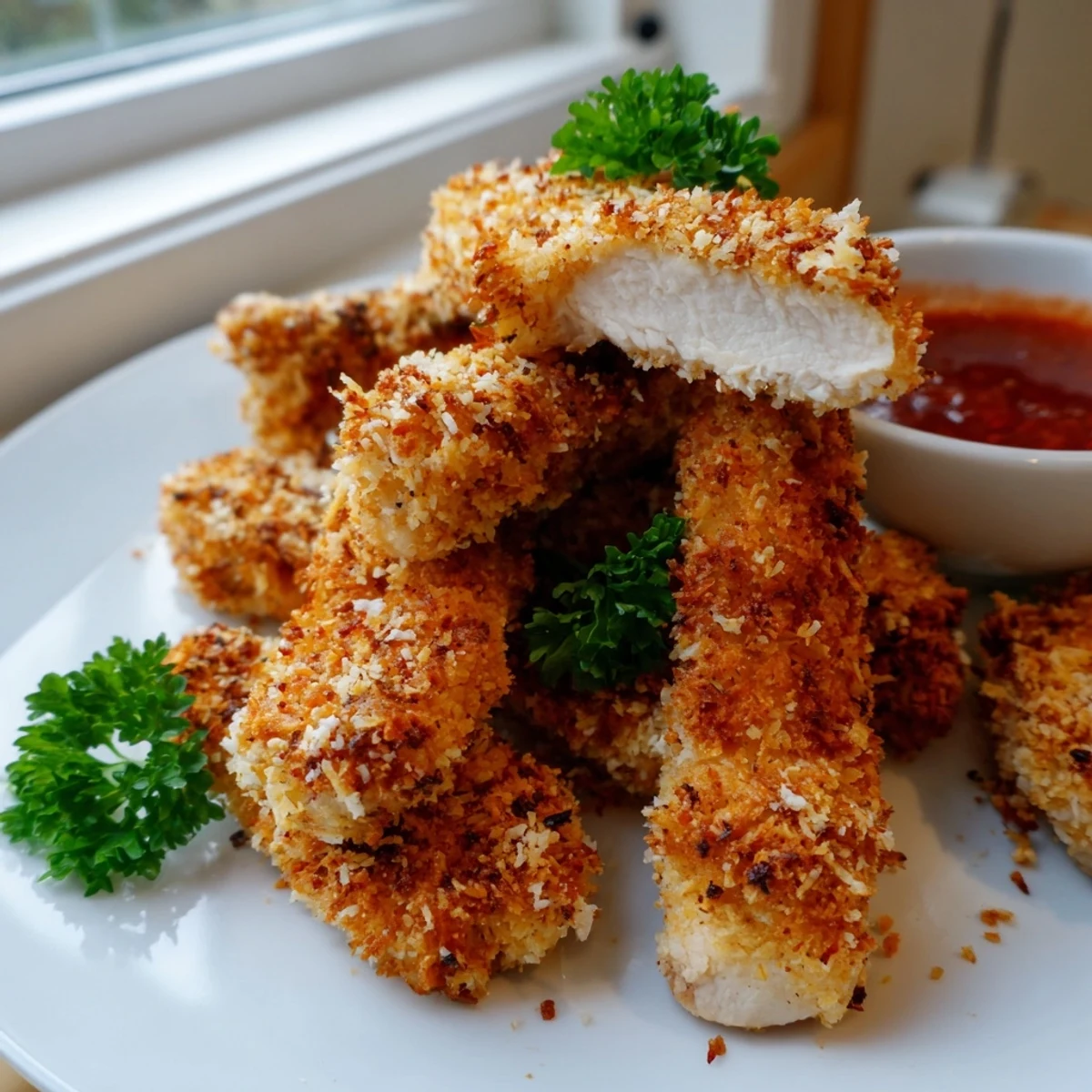 Golden crunchy coconut chicken strips served hot with sweet chili dipping sauce