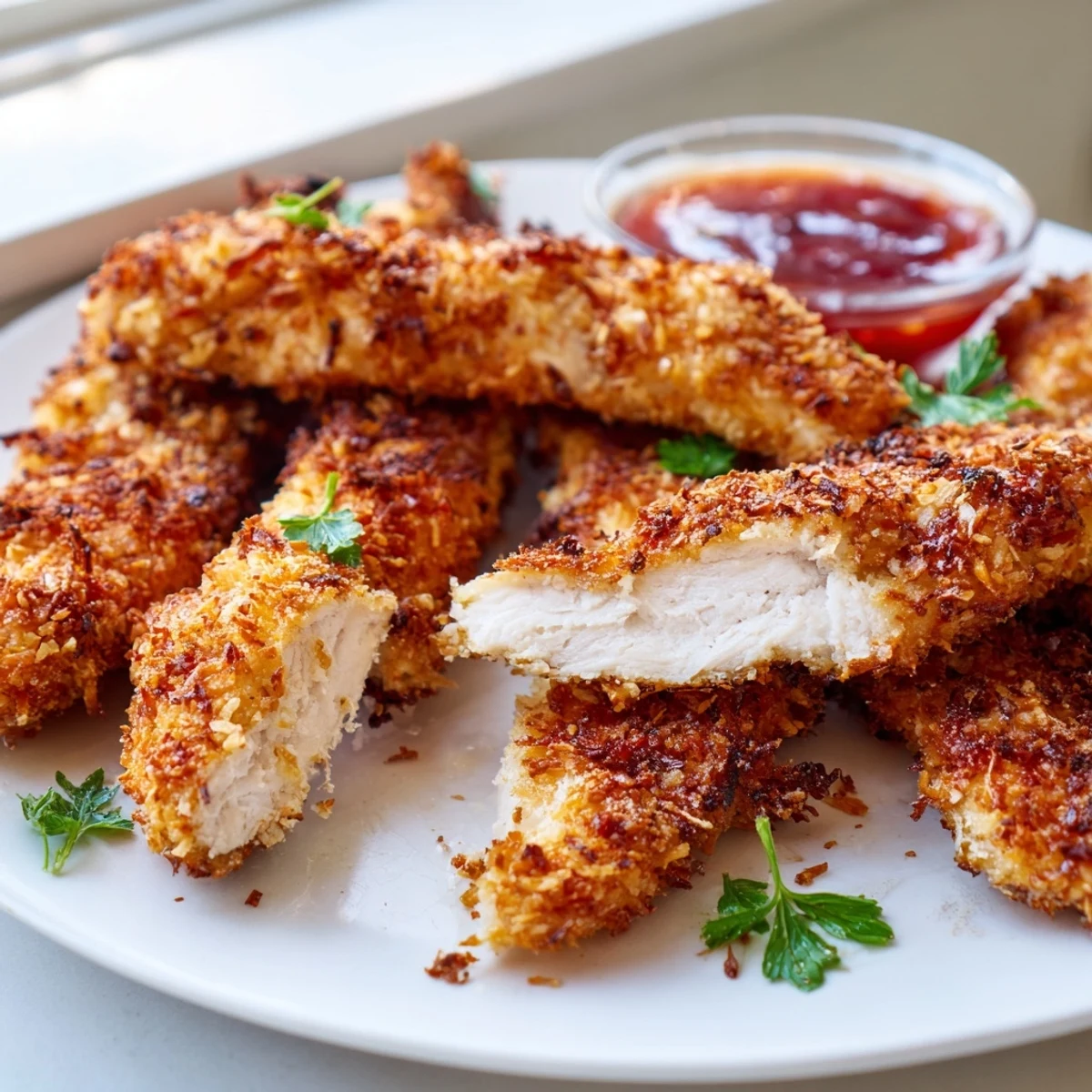 Crispy coconut chicken tenders fresh from the skillet on a rustic plate