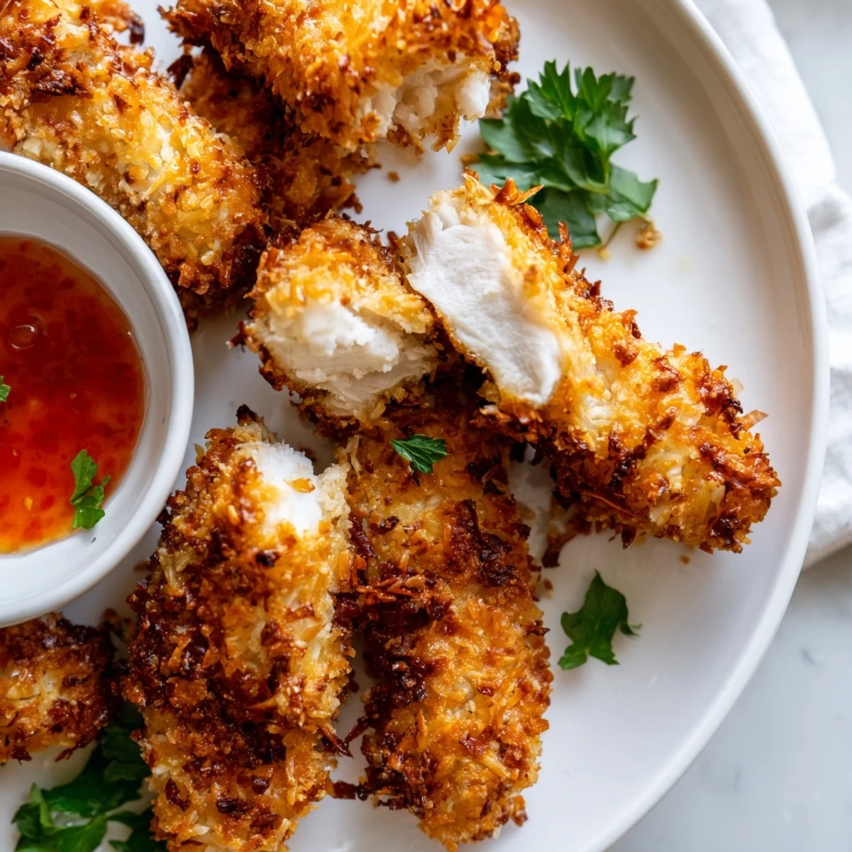Juicy coconut chicken strips with a toasted coconut crust ready for dipping