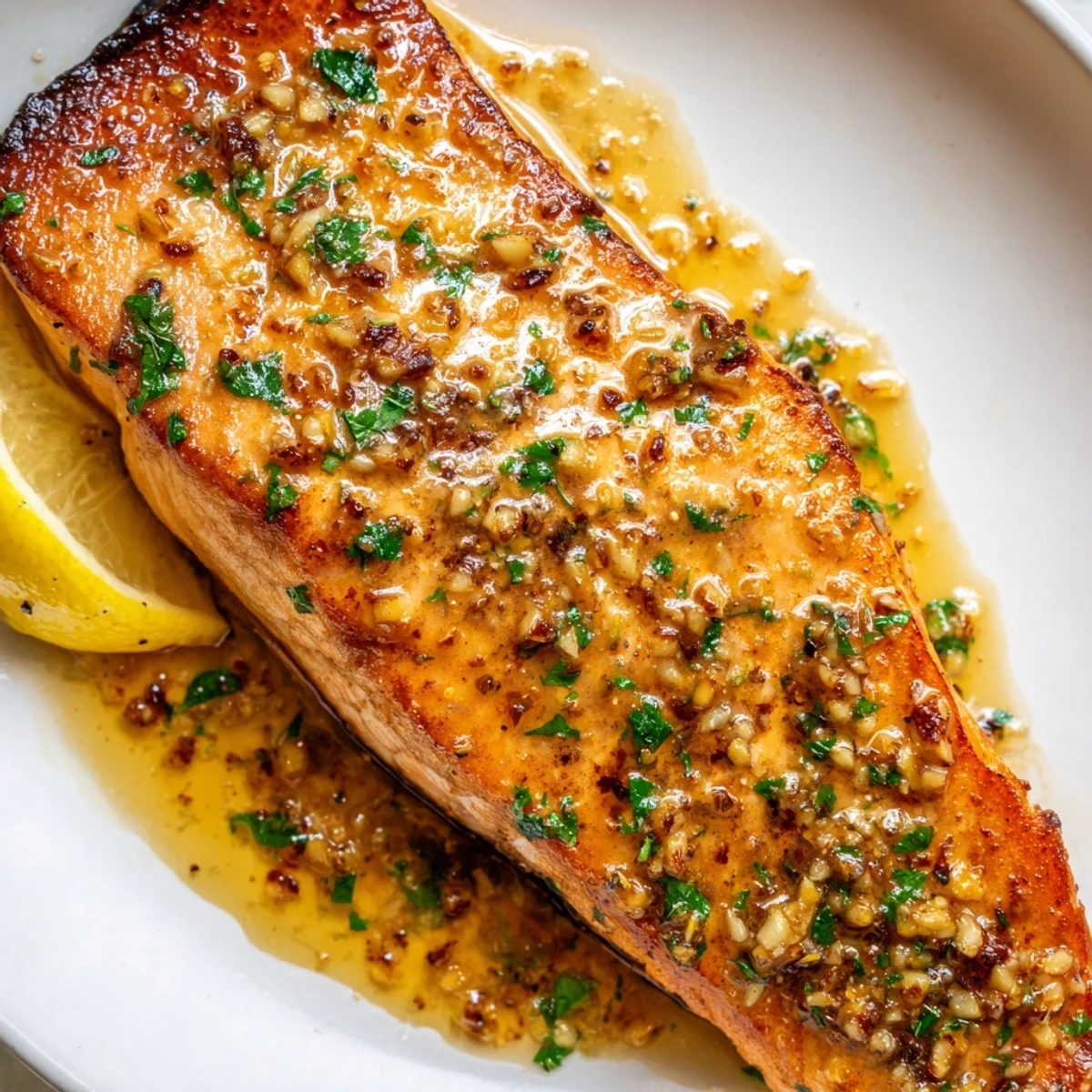 Golden garlic butter salmon fillets glistening in a warm lemon herb pan sauce