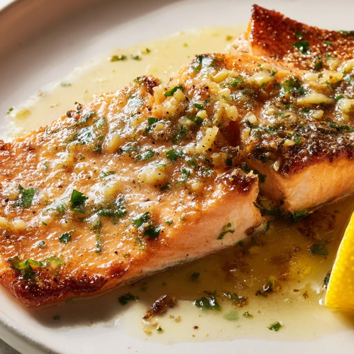 Pan-seared garlic butter salmon topped with fresh parsley and lemon wedges