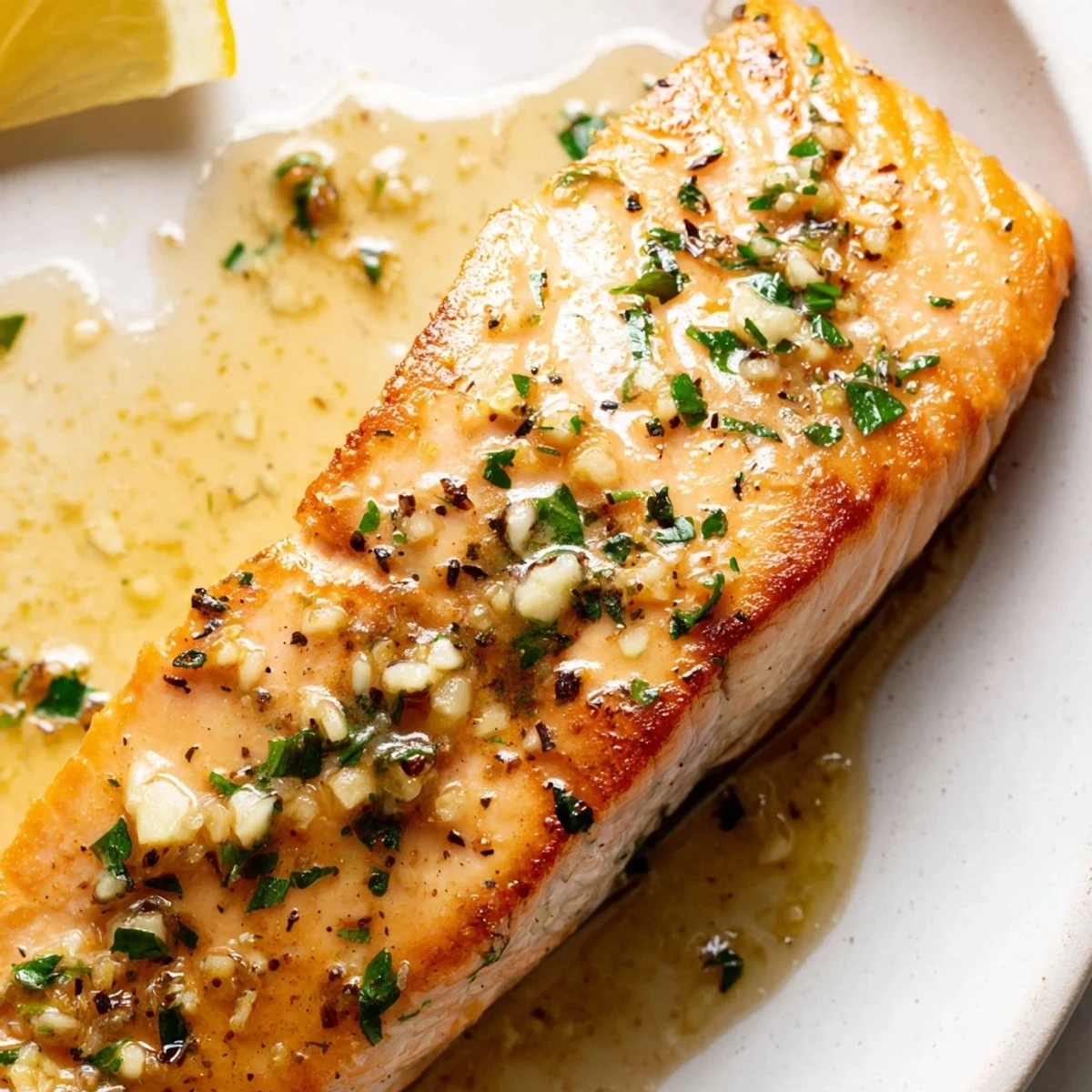 Sizzling garlic butter salmon resting in a skillet with aromatic golden sauce
