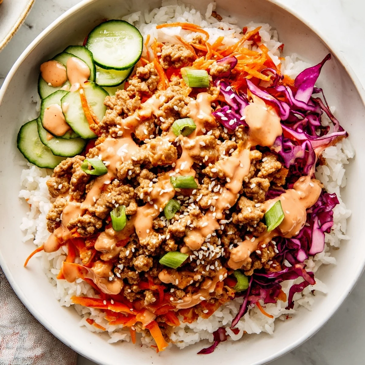 Seasoned ground turkey served over fluffy jasmine rice with spicy sweet Bang Bang sauce