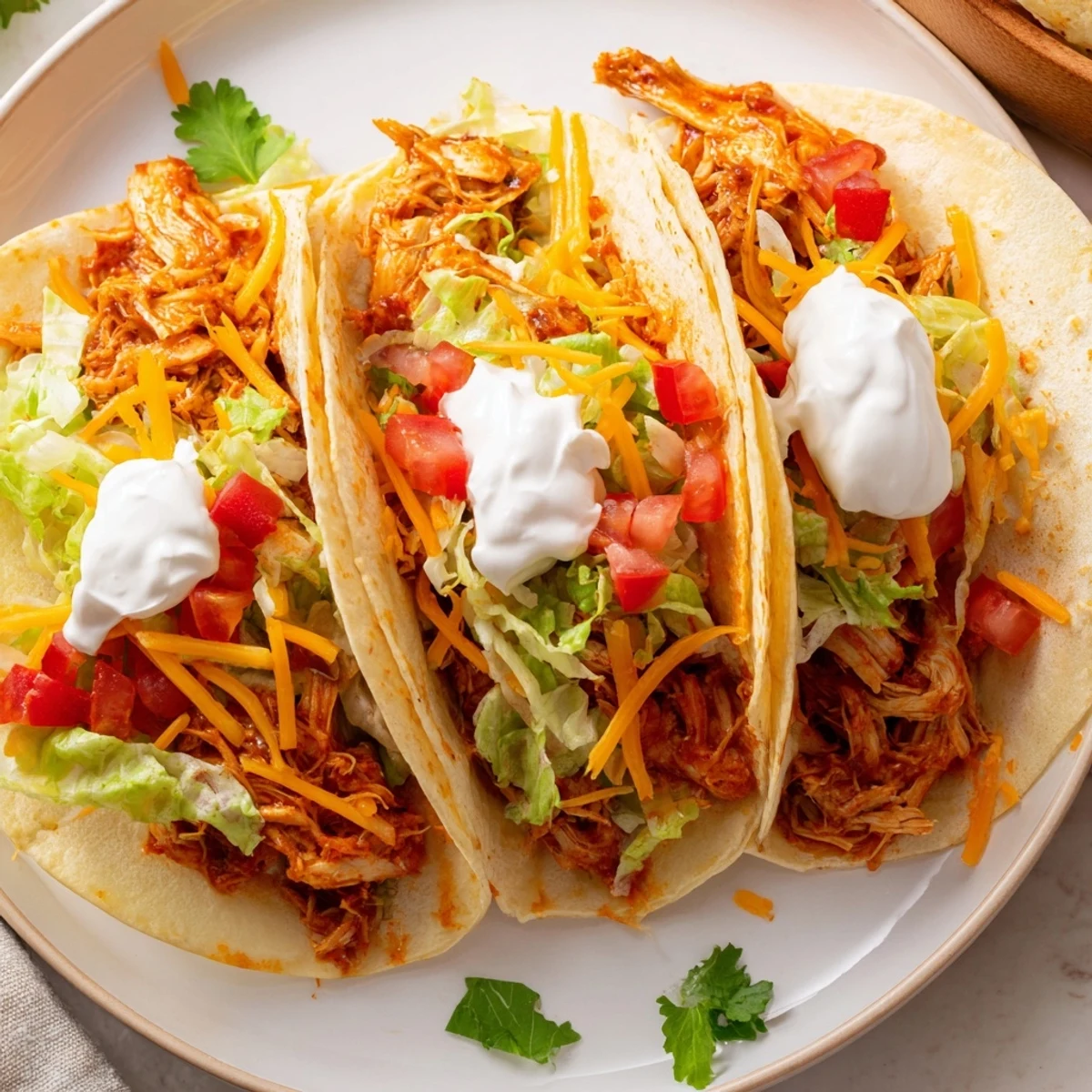 Slow cooker ranch chicken tacos nestled in warm tortillas with sour cream drizzle