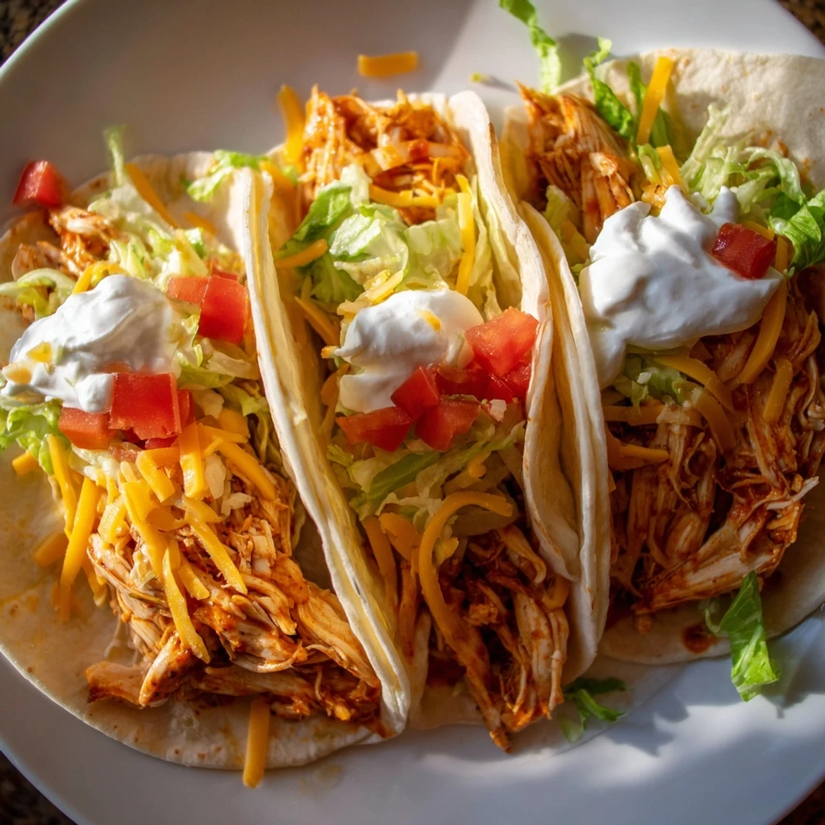 Juicy slow cooker ranch chicken tacos loaded with melted cheddar and fresh cilantro