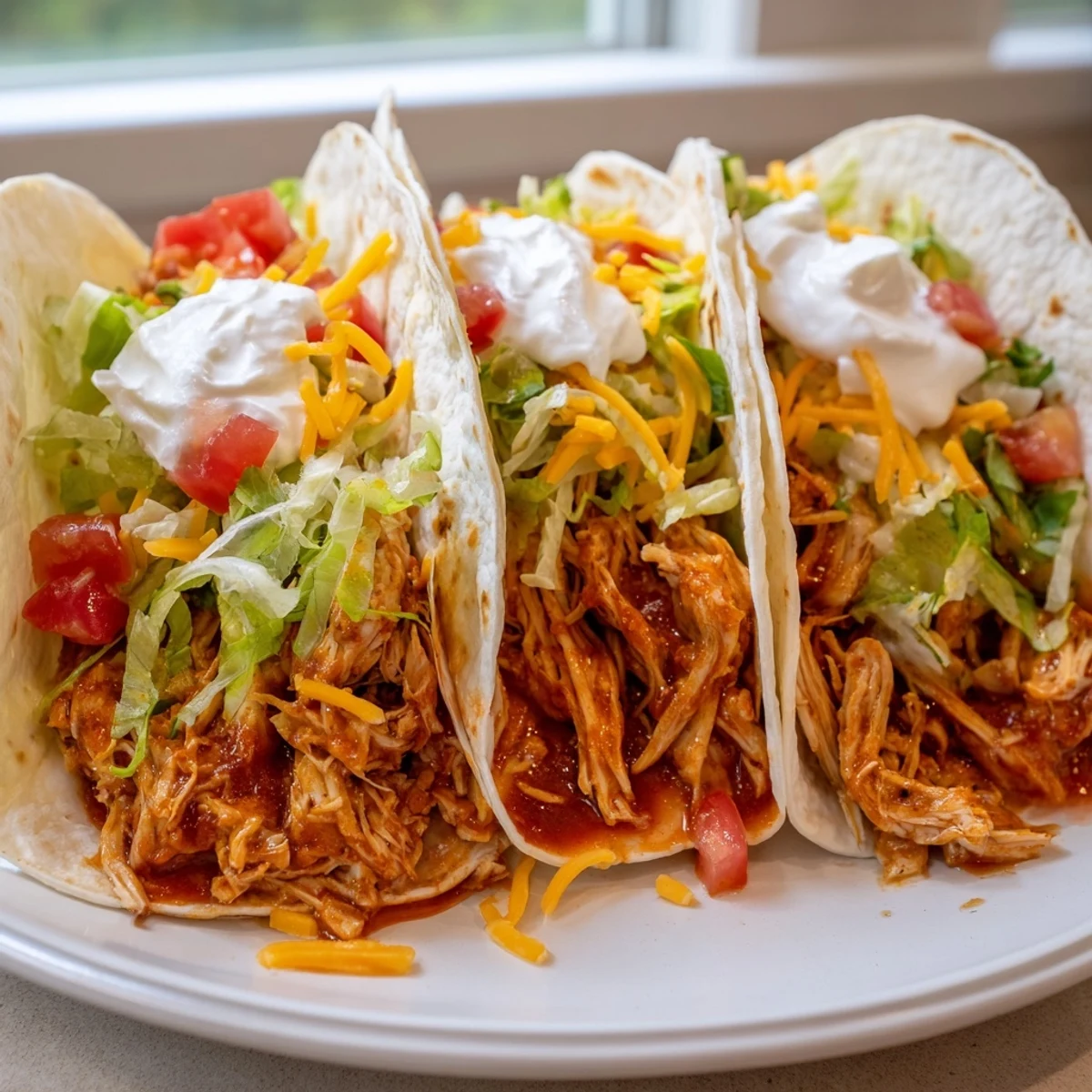 Tender shredded slow cooker ranch chicken tacos topped with crisp lettuce and tomato