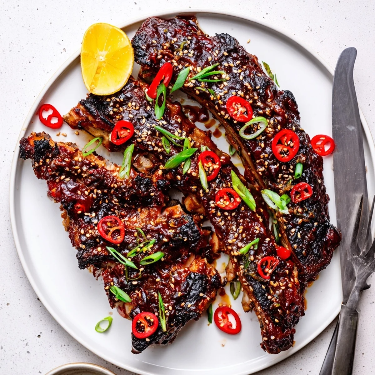 Caramelized Korean BBQ lamb ribs with yuzu squeeze, garnished with sesame seeds and sliced spring onions on a rustic platter.