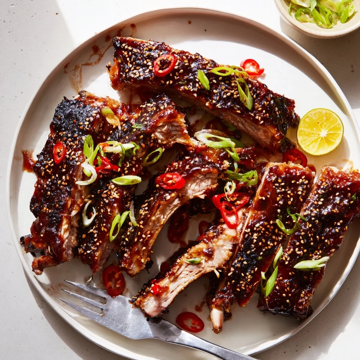 Tender grilled Korean BBQ lamb ribs glistening with sticky gochujang glaze, brightened by a fresh yuzu citrus finish.