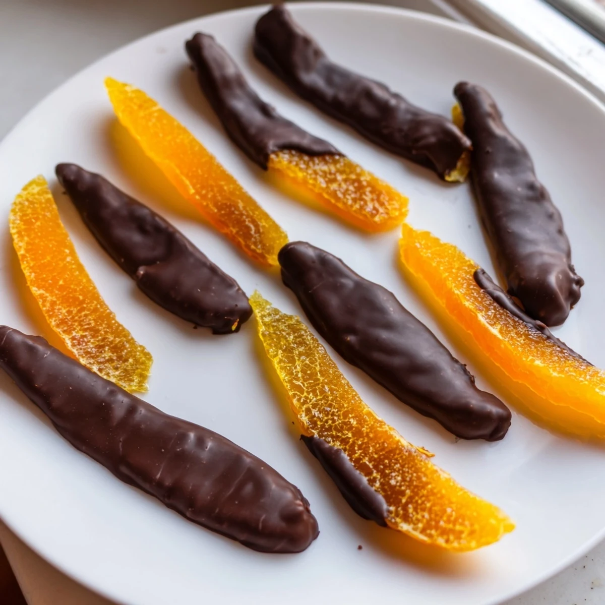 Glistening chocolate covered orange peels arranged on parchment paper for an elegant homemade treat