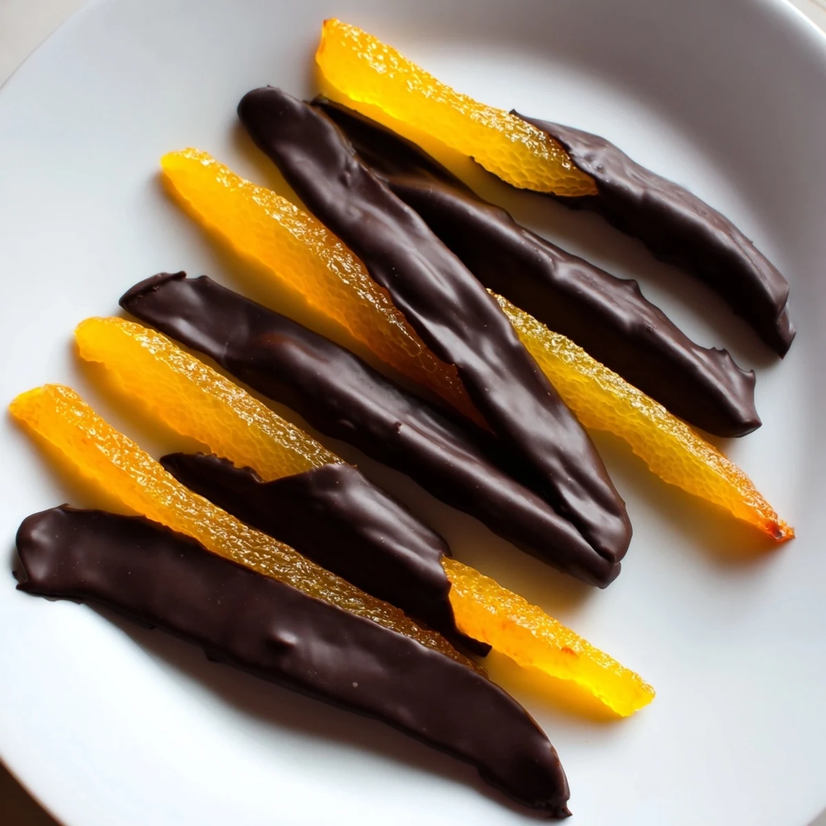 Rich dark chocolate covered orange peels stacked in a gift box beside espresso cups