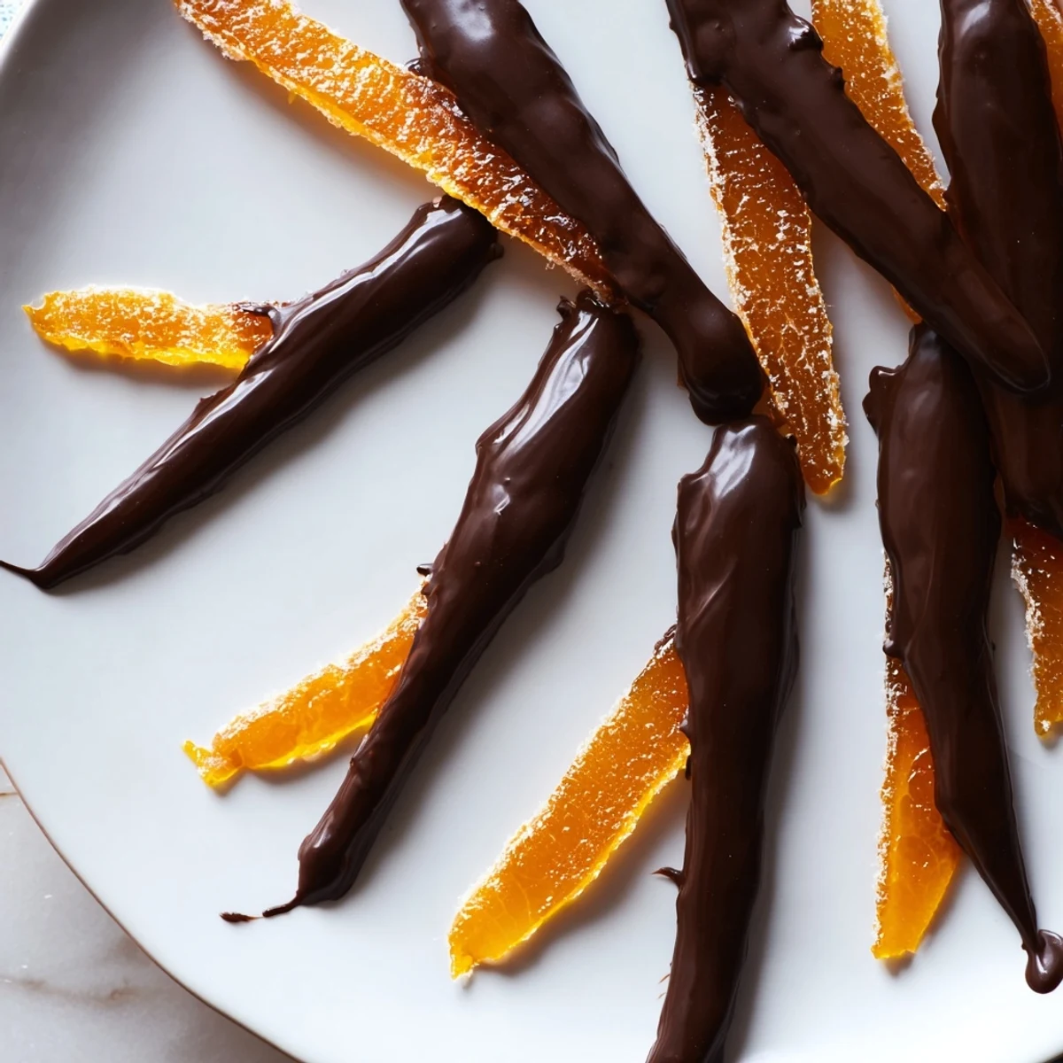 Candied orange peel strips half-dipped in melted dark chocolate cooling on a wire rack