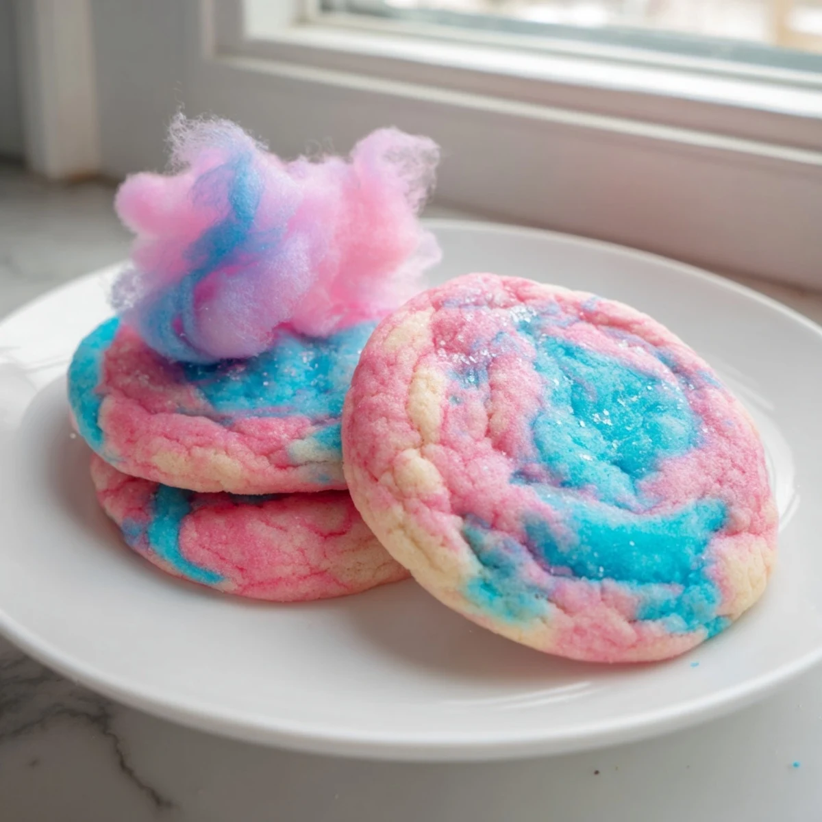 Soft cotton candy cookies with swirled pink and blue pastel dough on parchment