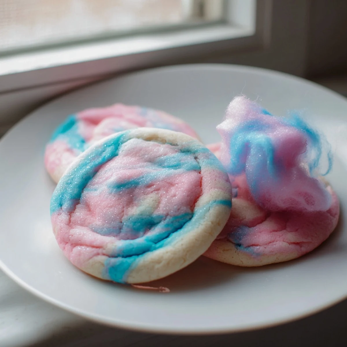 Cotton candy cookies topped with fluffy spun sugar on a rustic serving plate