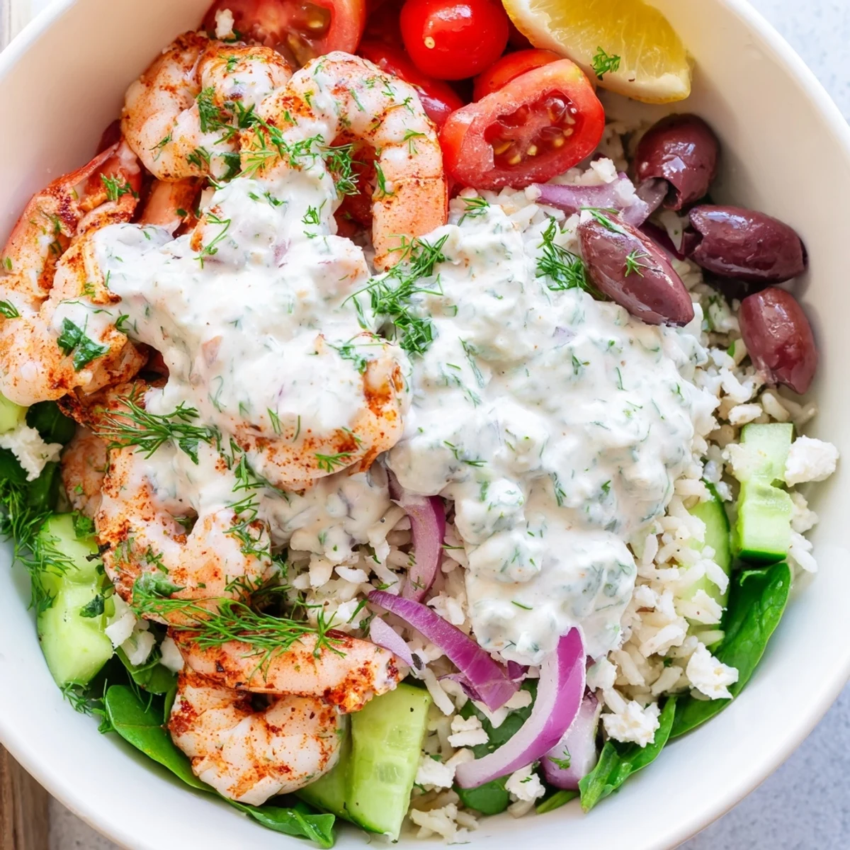 Juicy herb-marinated shrimp nestled over lemony rice in a Greek Shrimp Mediterranean Bowl