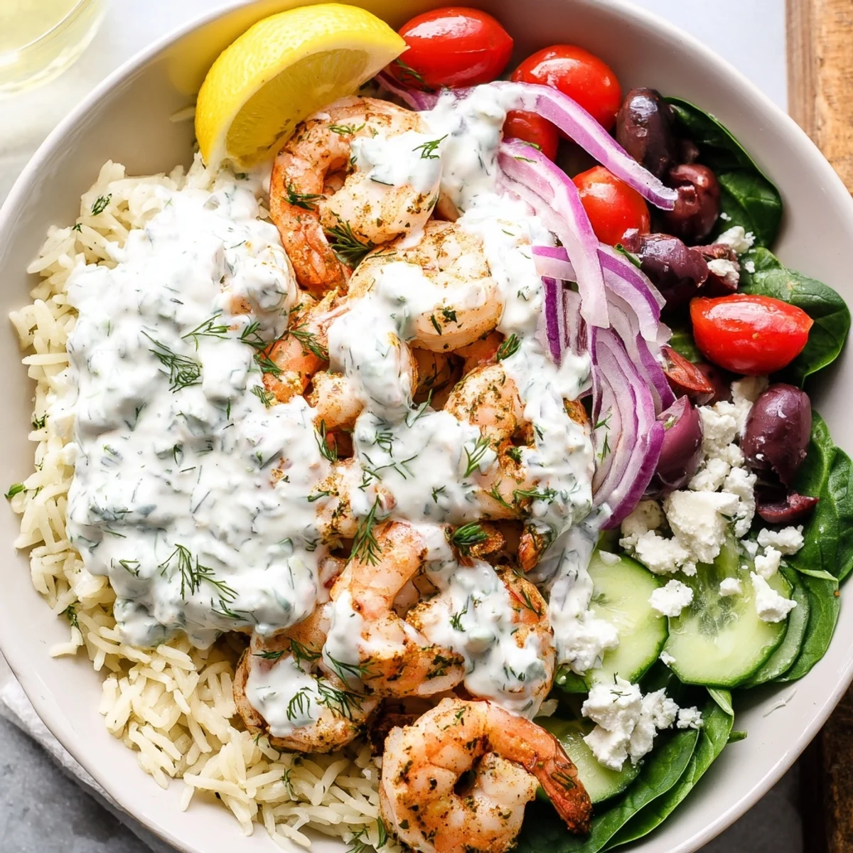 A colorful Greek Shrimp Mediterranean Bowl with ripe tomatoes, olives, and creamy tzatziki drizzle
