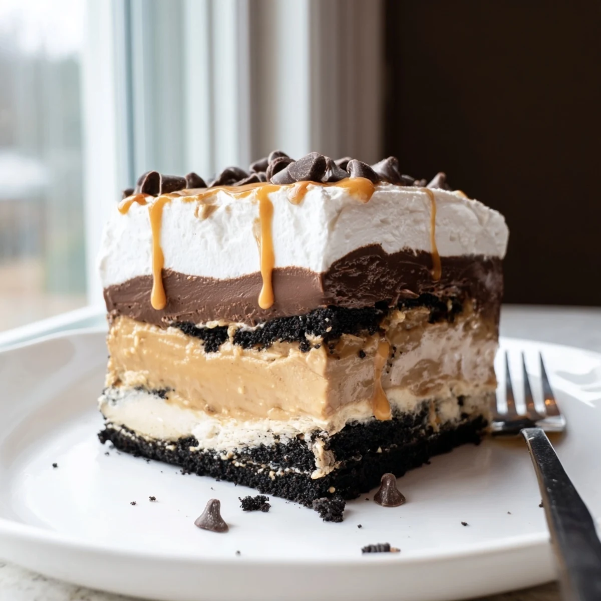 Peanut butter layered delight sliced into rich squares showing creamy chocolate and peanut butter stripes