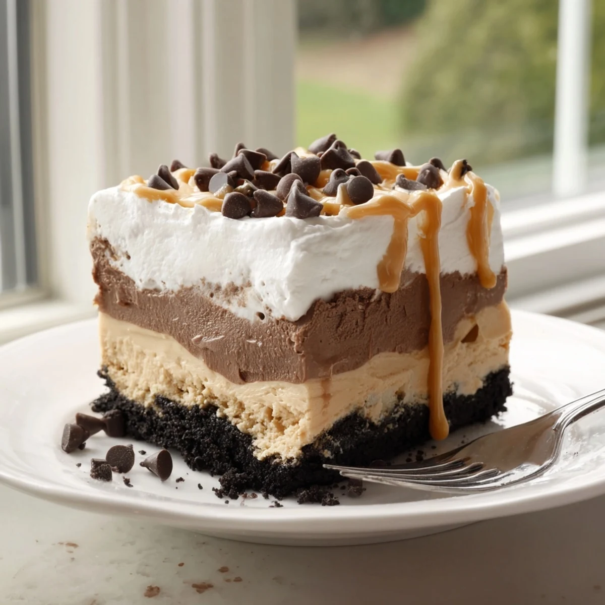 Creamy peanut butter layered delight with chocolate pudding and whipped topping in a glass dish