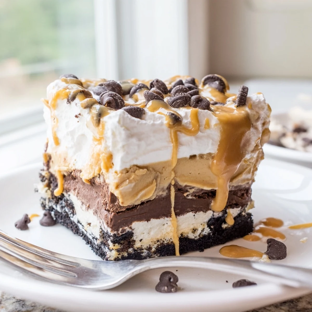 Decadent peanut butter layered delight topped with chocolate shavings and a golden peanut butter drizzle