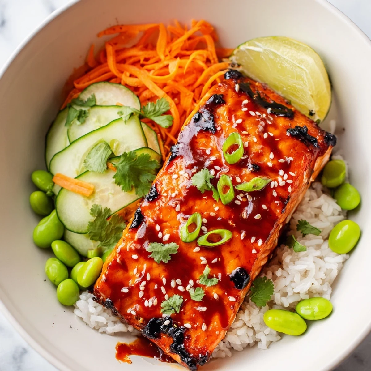 Caramelized Sriracha Honey Glazed Salmon Bowls with vibrant crisp vegetables over fluffy white rice