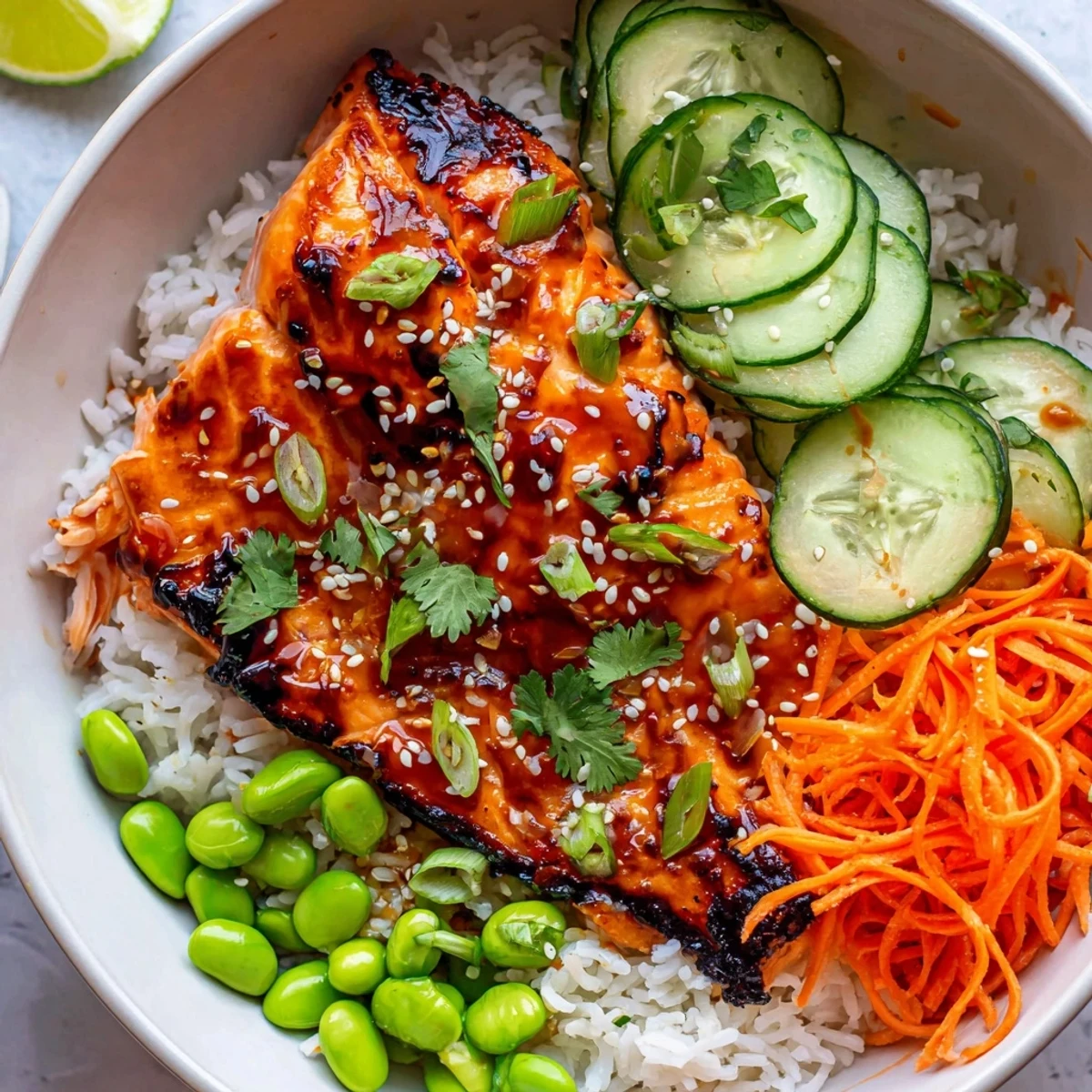 Golden glazed salmon fillet resting on steamed rice in these Sriracha Honey Glazed Salmon Bowls
