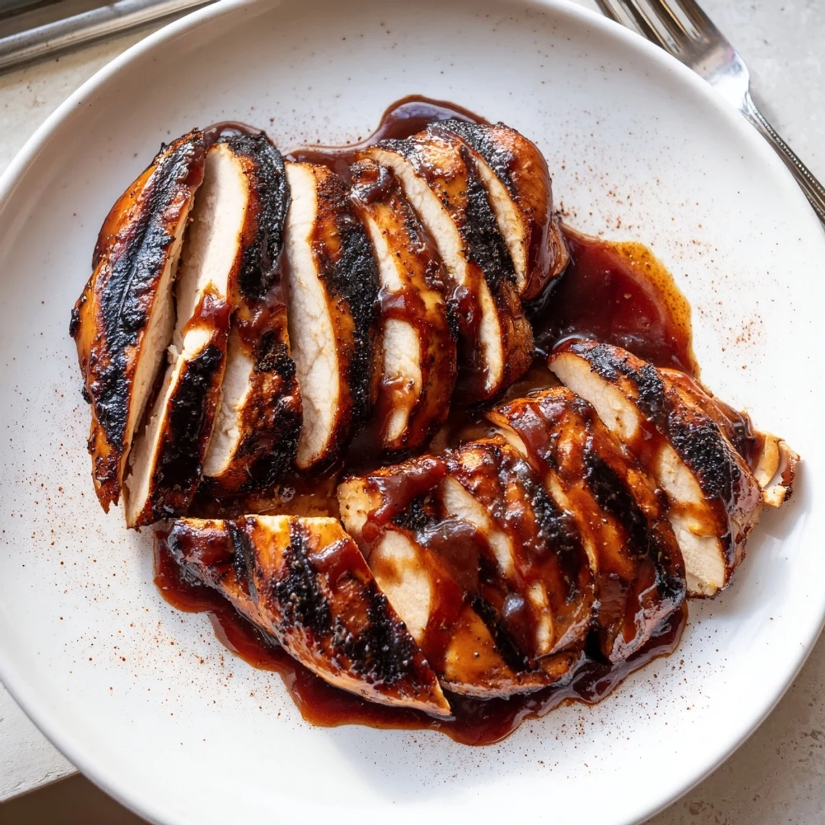 Juicy grilled Coca Cola glazed chicken breast with caramelized grill marks on a rustic plate