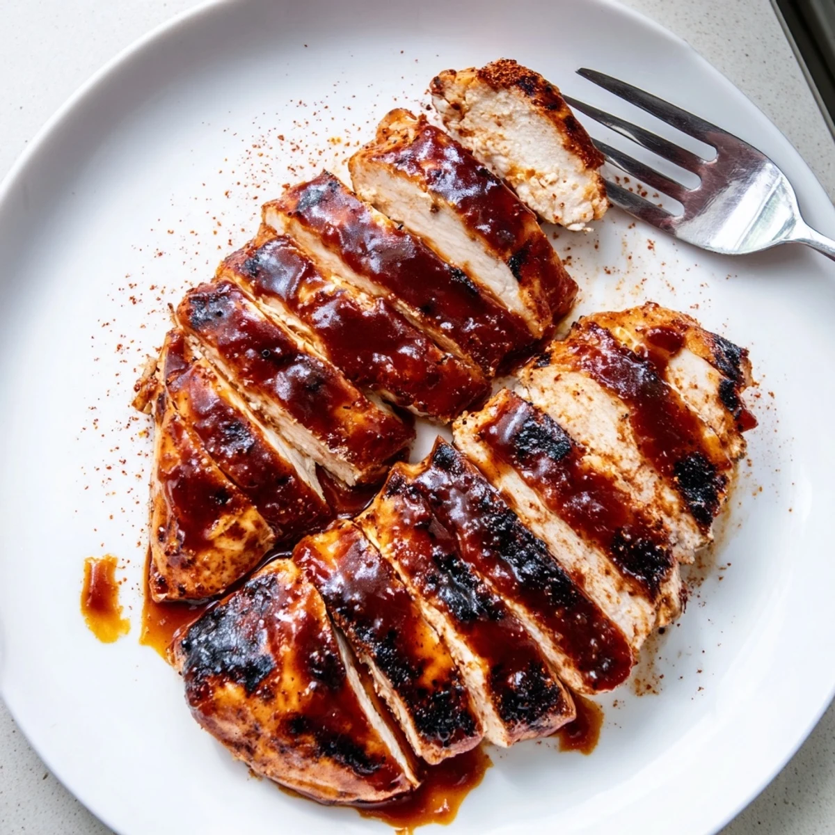 Tender Coca Cola glazed chicken breast sliced open revealing moist meat drizzled with sticky sweet glaze