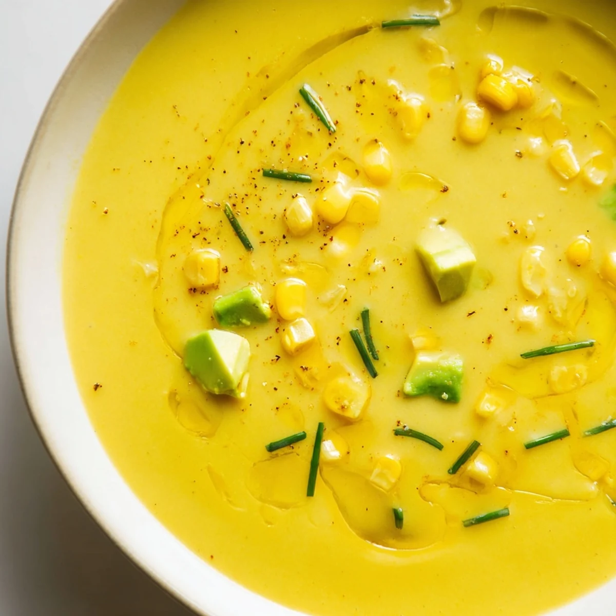 Creamy summer sweet corn gazpacho served in a rustic bowl with avocado garnish