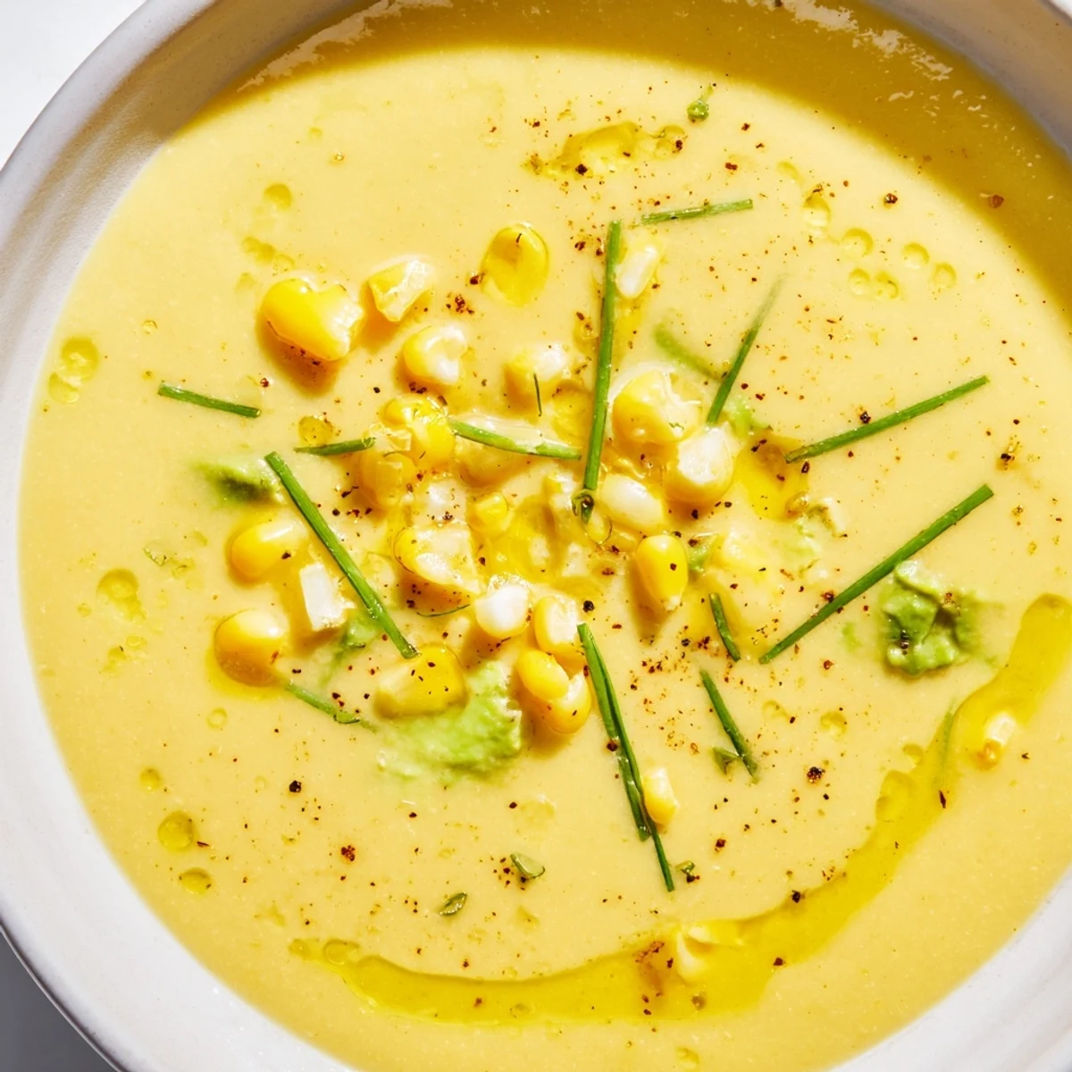 Golden summer sweet corn gazpacho topped with fresh chives and a olive oil drizzle