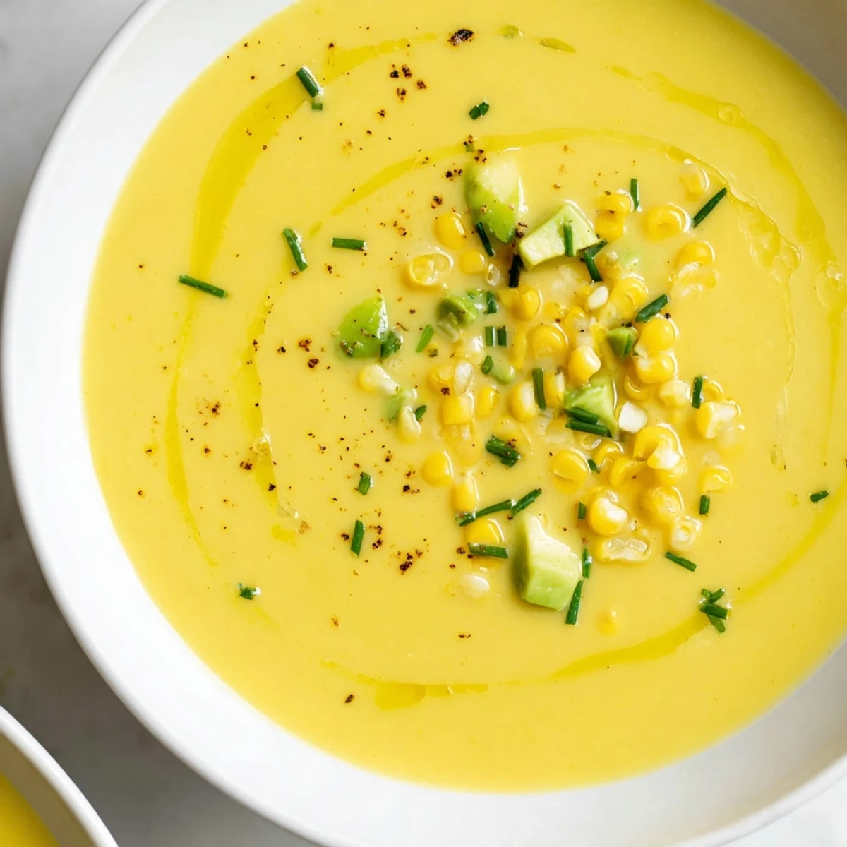 Chilled summer sweet corn gazpacho in a white bowl garnished with diced ripe avocado