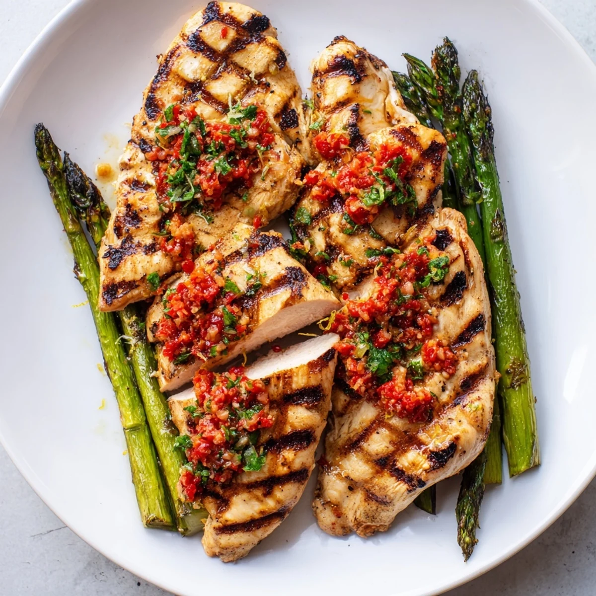Juicy grilled chicken with charred asparagus drizzled in spicy Calabrian chili sauce